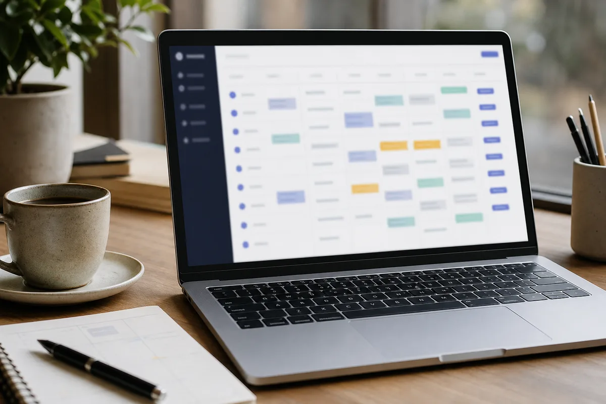 Un tableau de planification éditoriale affiché sur un écran d&rsquo;ordinateur portable dans un bureau clair
