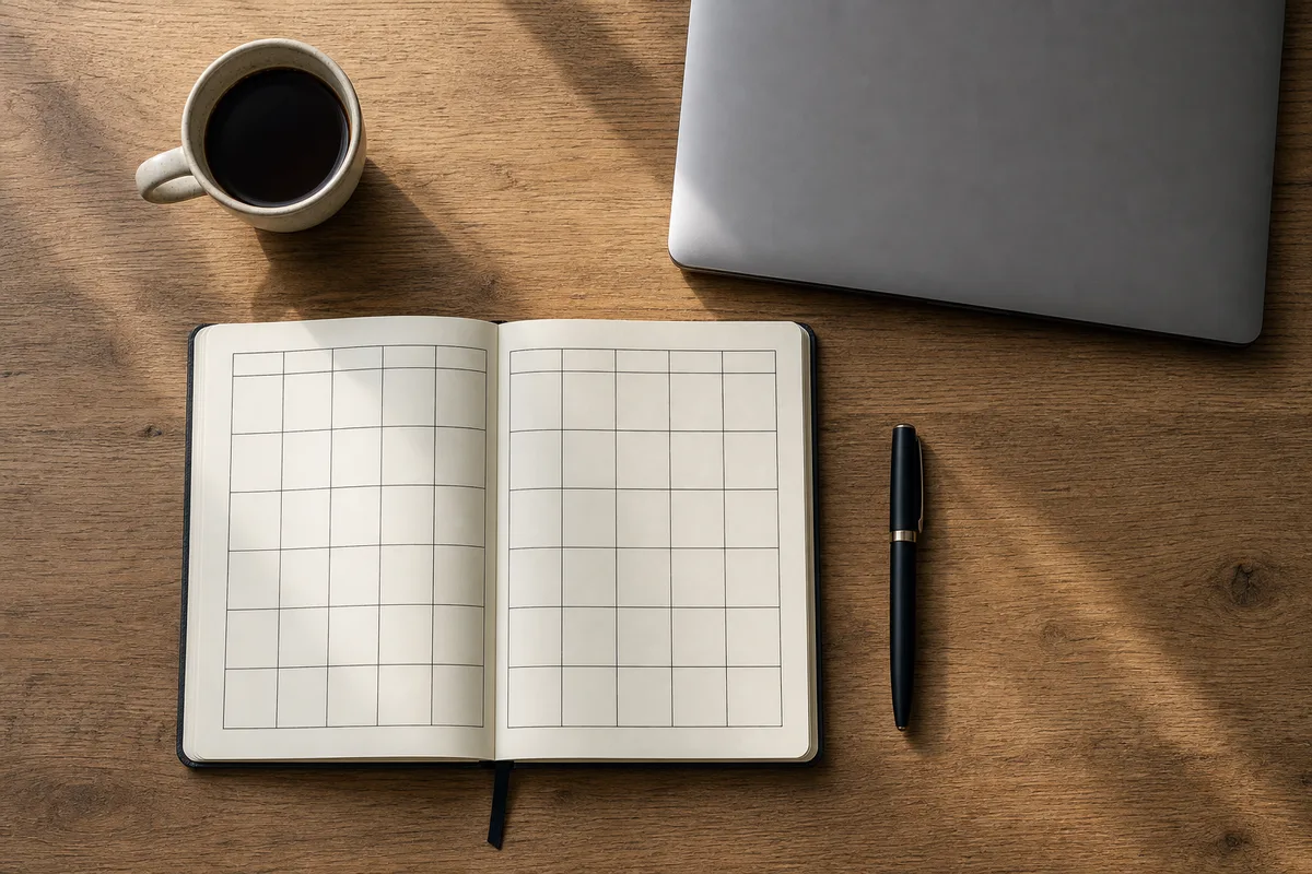 Un carnet ouvert avec une grille de planification annuelle posé à côté d&rsquo;un ordinateur et d&rsquo;un café