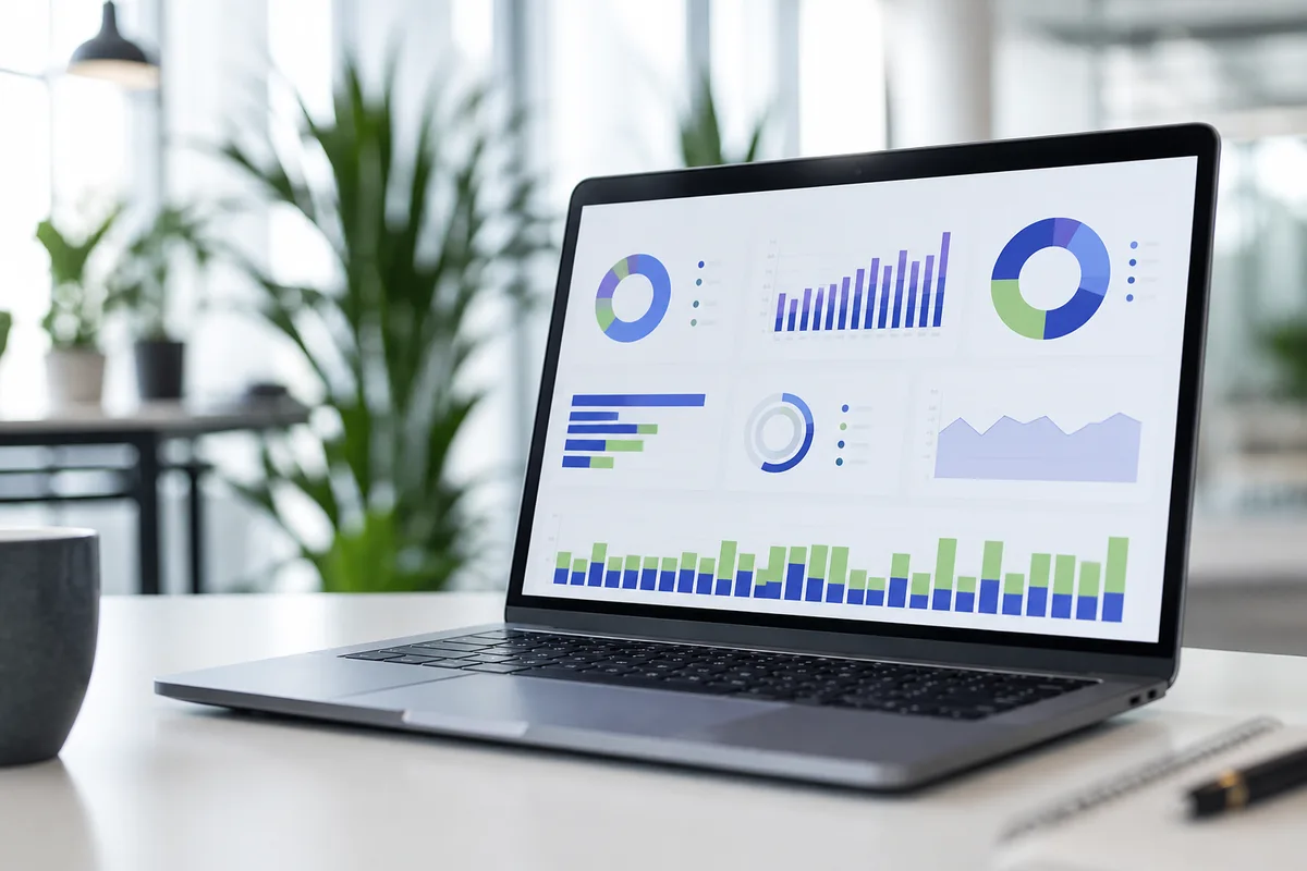Tableau de bord marketing affiché sur un écran d&rsquo;ordinateur portable dans un bureau lumineux