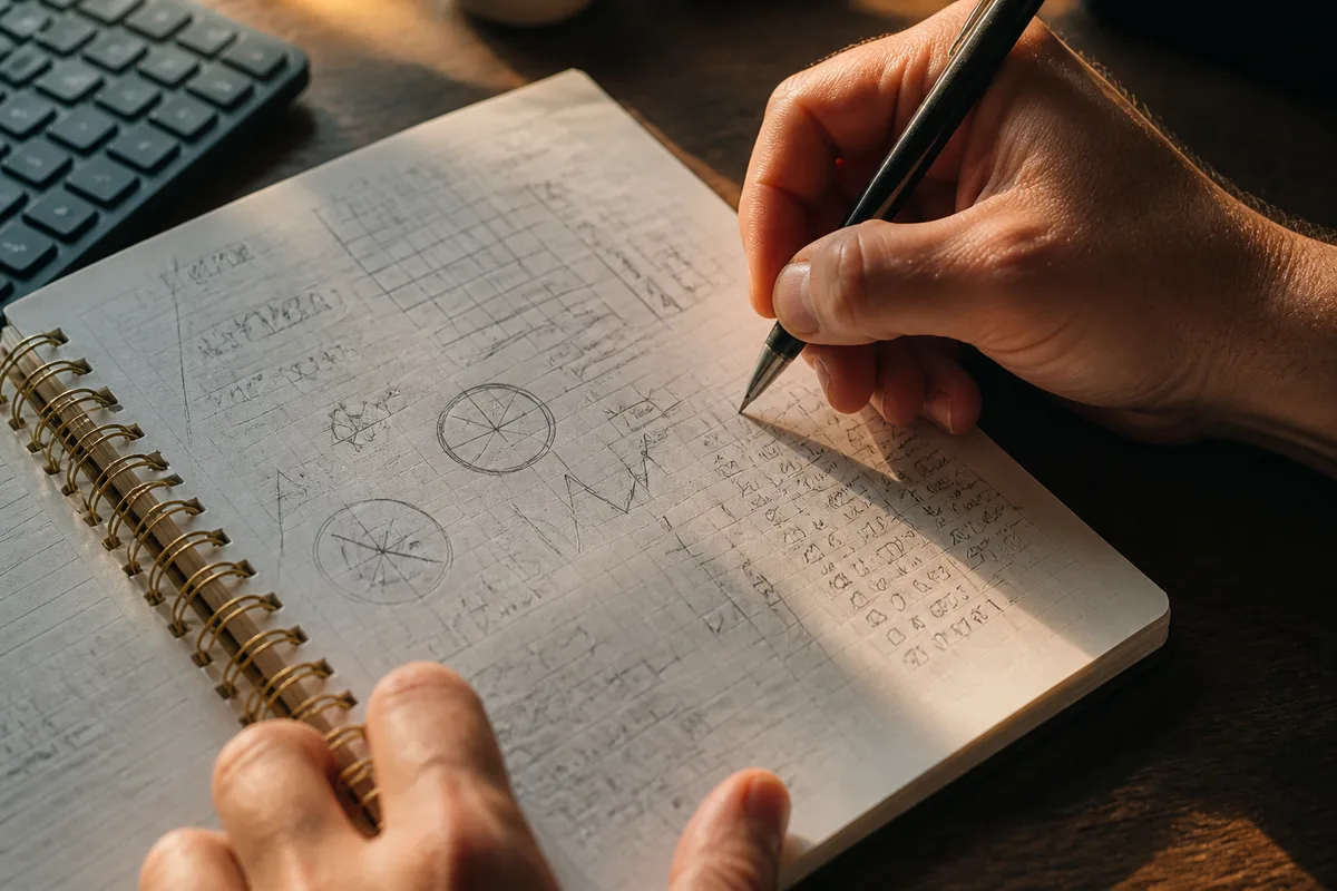 Personne annotant un carnet couvert de graphiques et de calculs devant un ordinateur