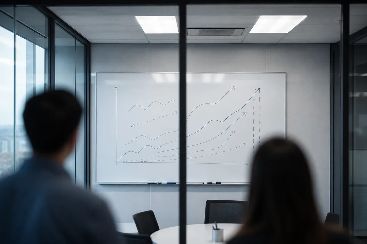Réunion de travail autour d&rsquo;un tableau blanc couvert de courbes de performance