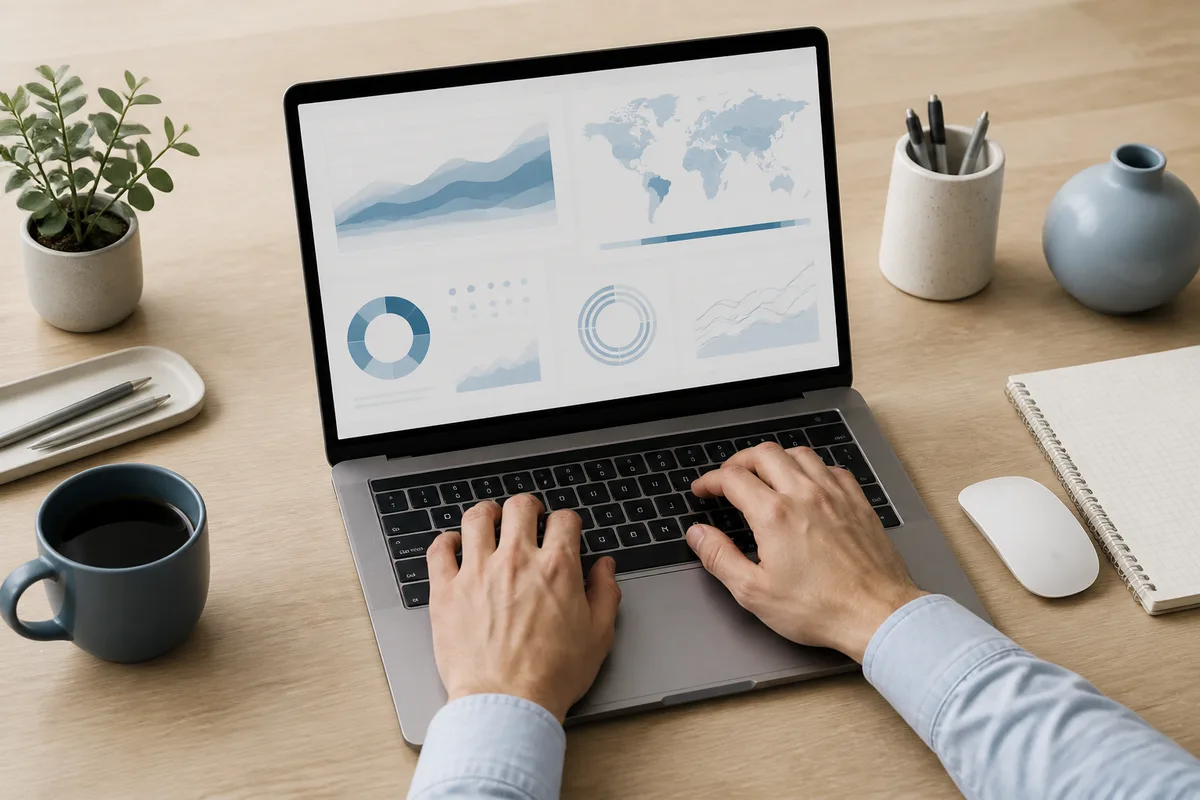 Tableau de bord de statistiques sociales affiche sur un ordinateur portable pose sur un bureau en bois clair