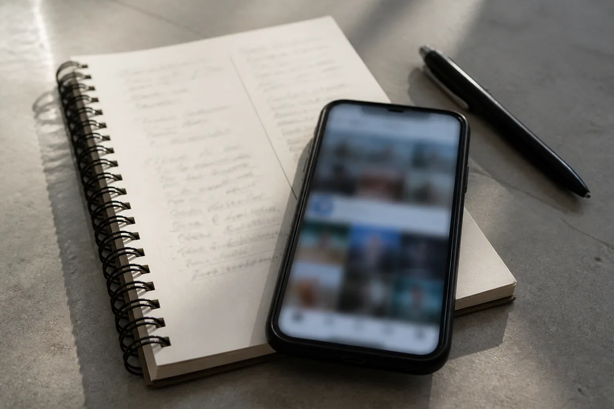 Carnet ouvert avec une formule de calcul manuscrite a cote d un telephone affichant un fil social